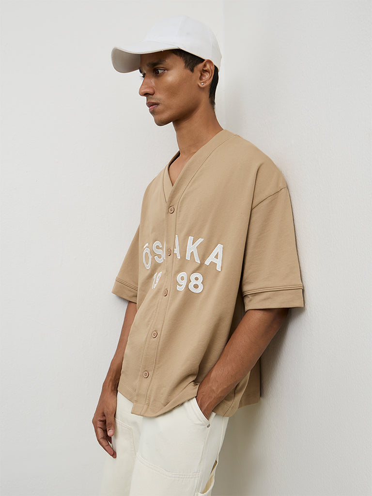 Nuon Beige Typographic Relaxed-Fit Cotton-Blend Shirt