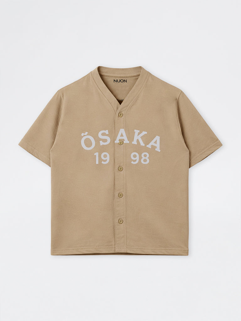 Nuon Beige Typographic Relaxed-Fit Cotton-Blend Shirt
