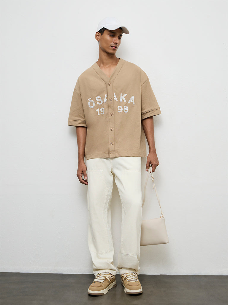 Nuon Beige Typographic Relaxed-Fit Cotton-Blend Shirt