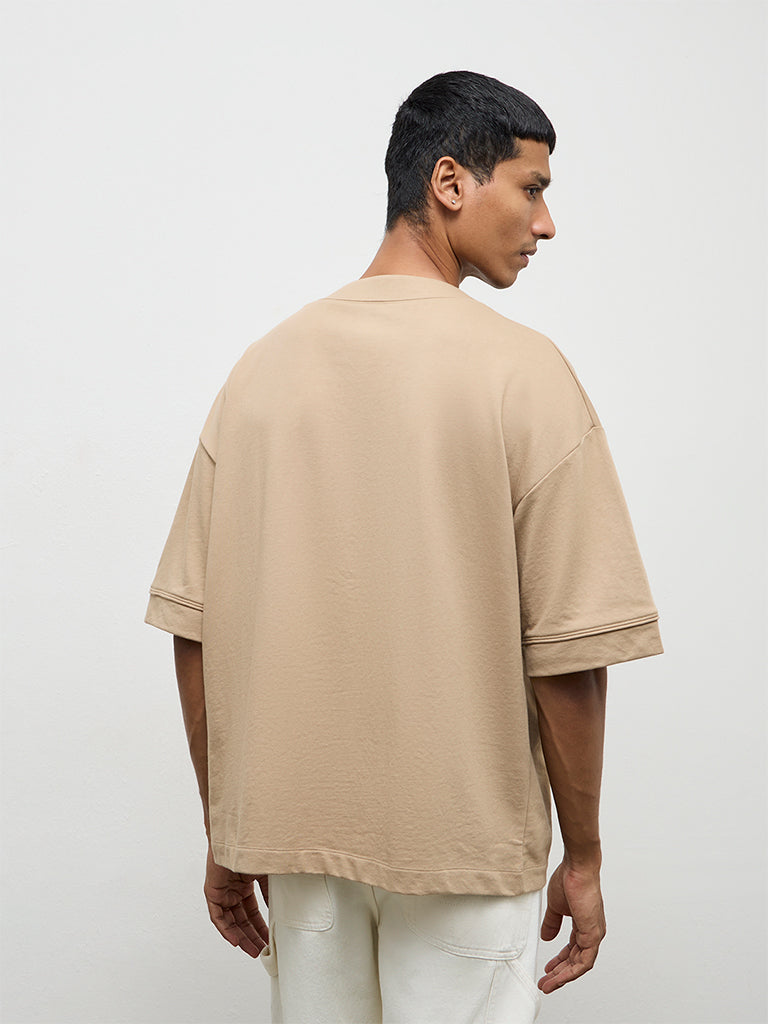 Nuon Beige Typographic Relaxed-Fit Cotton-Blend Shirt