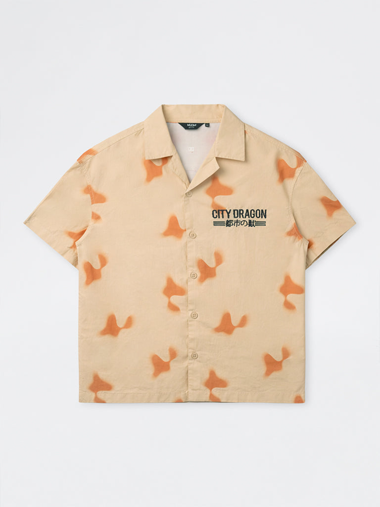 Nuon Beige Abstract Printed Relaxed-Fit Cotton Shirt