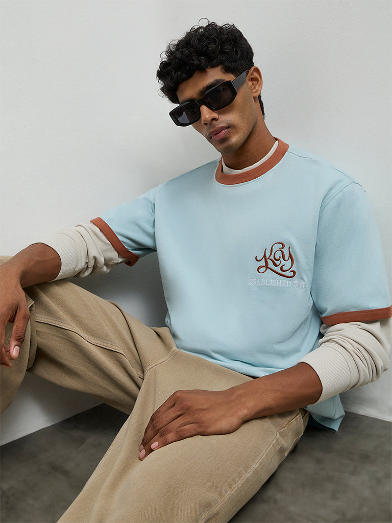 Nuon Blue Embroidered Relaxed-Fit Cotton T-Shirt