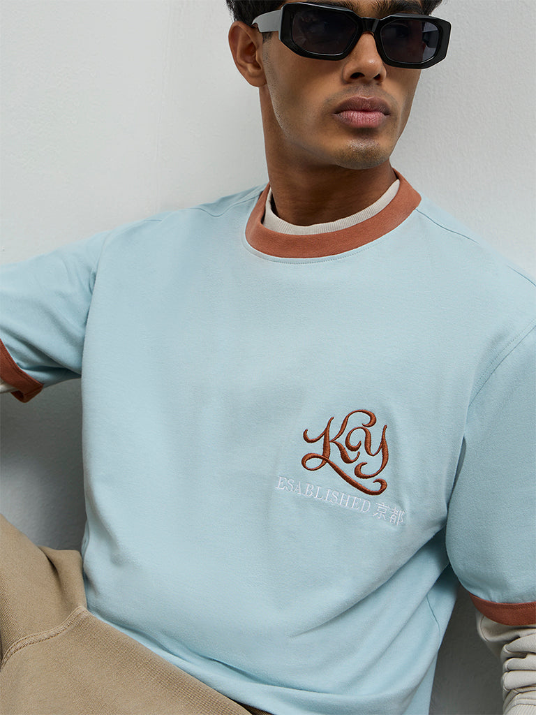 Nuon Blue Embroidered Relaxed-Fit Cotton T-Shirt