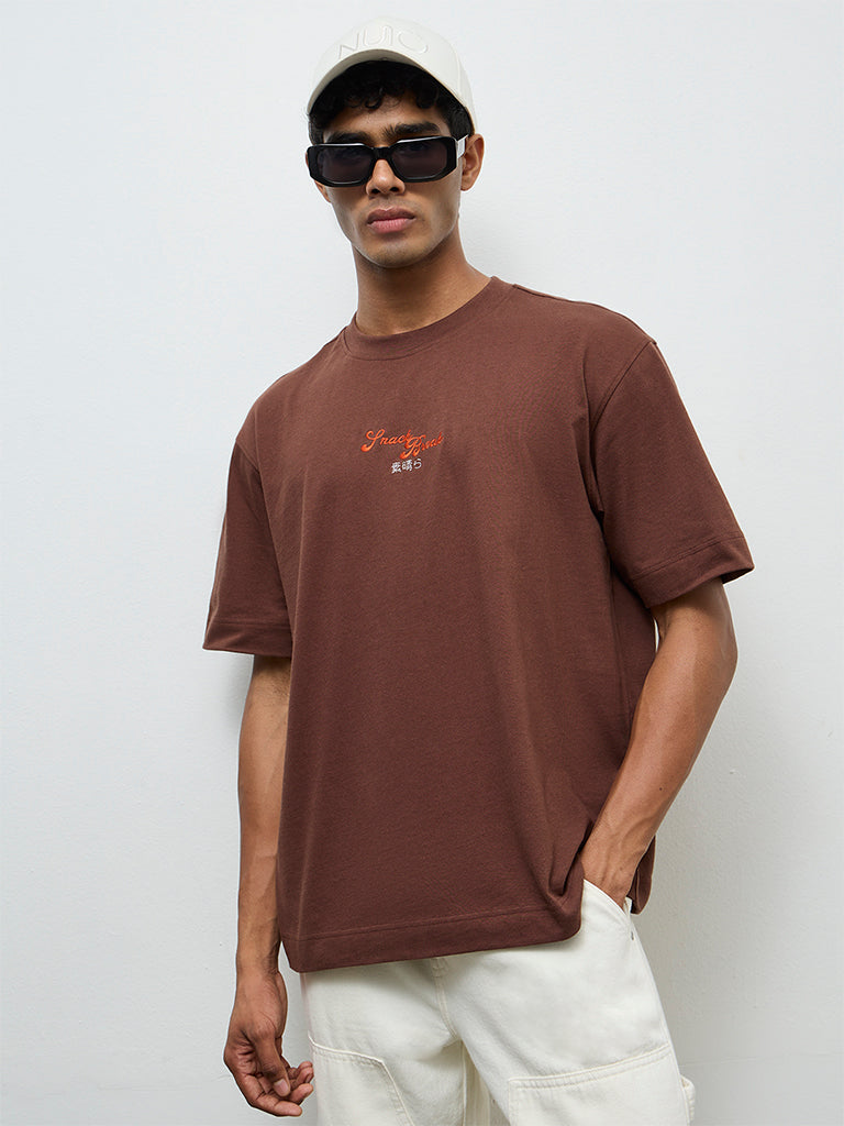Nuon Brown Relaxed-Fit Cotton T-Shirt