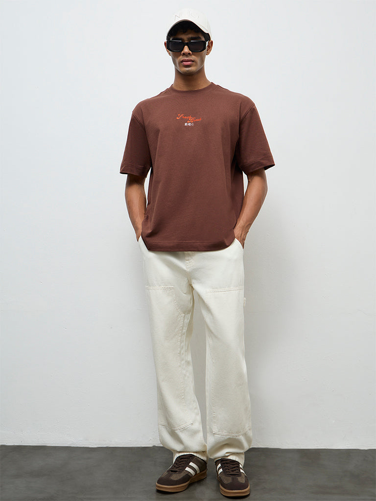 Nuon Brown Relaxed-Fit Cotton T-Shirt