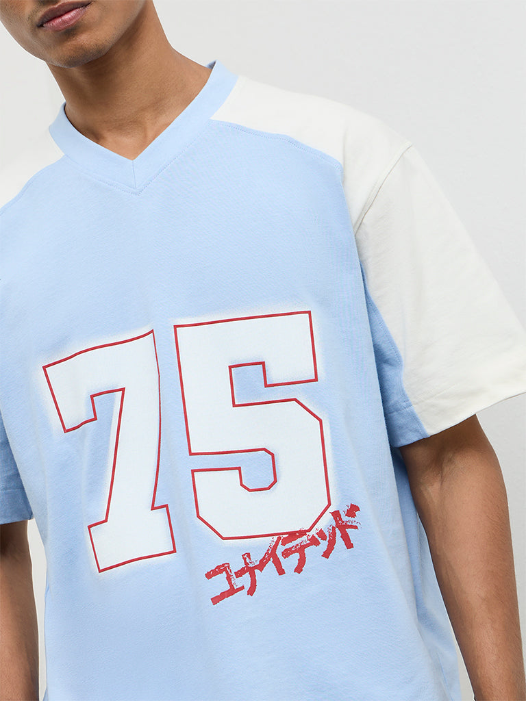 Nuon Blue Printed Relaxed-Fit Cotton T-Shirt
