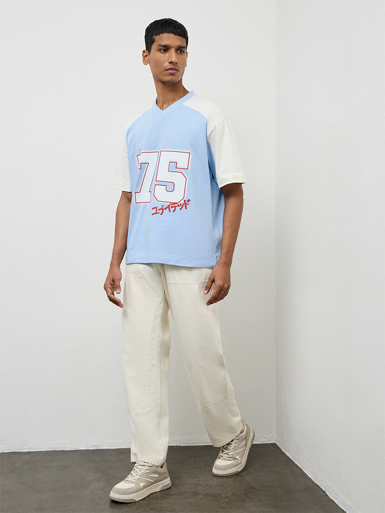 Nuon Blue Printed Relaxed-Fit Cotton T-Shirt