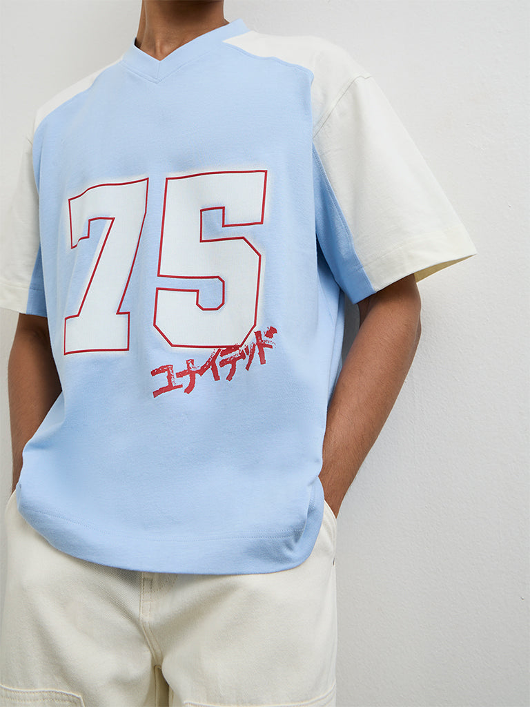 Nuon Blue Printed Relaxed-Fit Cotton T-Shirt
