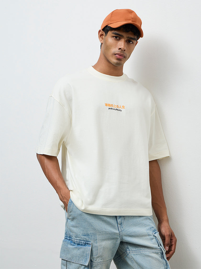 Nuon Off-White Text Printed Oversized Cotton T-Shirt