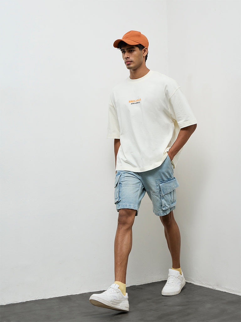 Nuon Off-White Text Printed Oversized Cotton T-Shirt