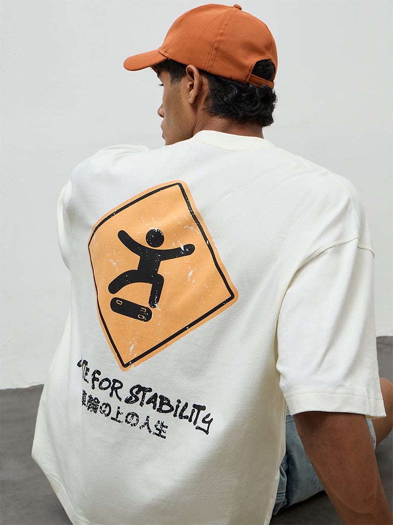 Nuon Off-White Text Printed Oversized Cotton T-Shirt