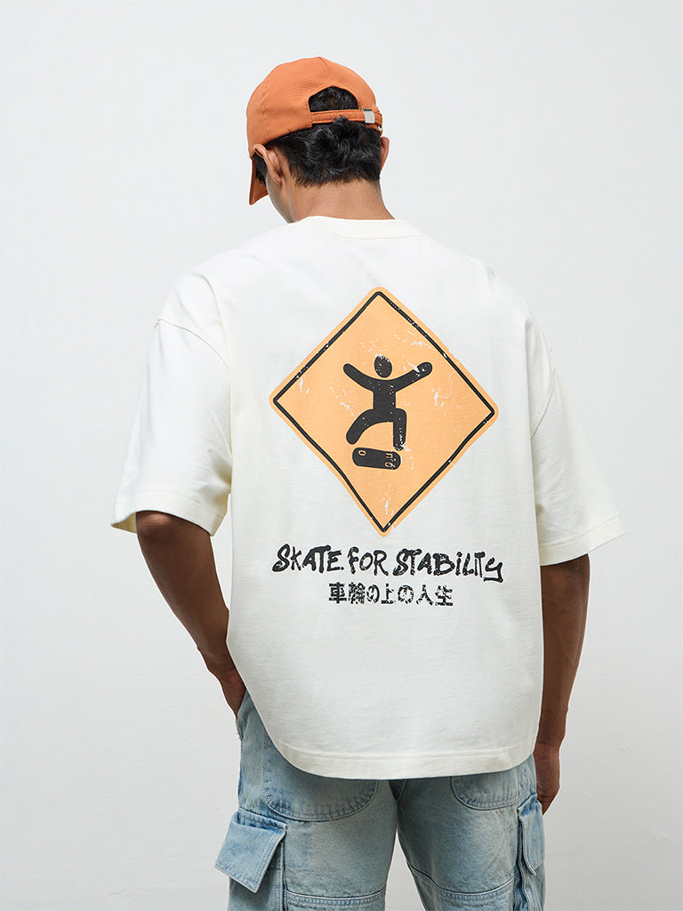 Nuon Off-White Text Printed Oversized Cotton T-Shirt