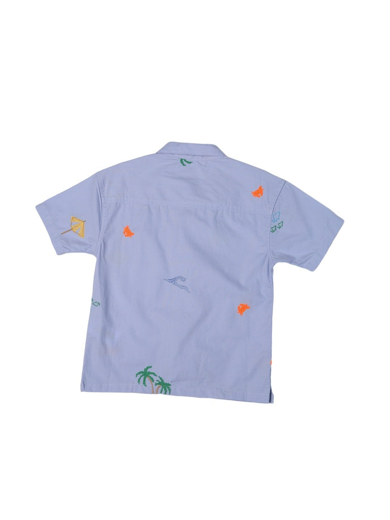 HOP Kids Boys Blue Beach Embroidered Cotton Shirt