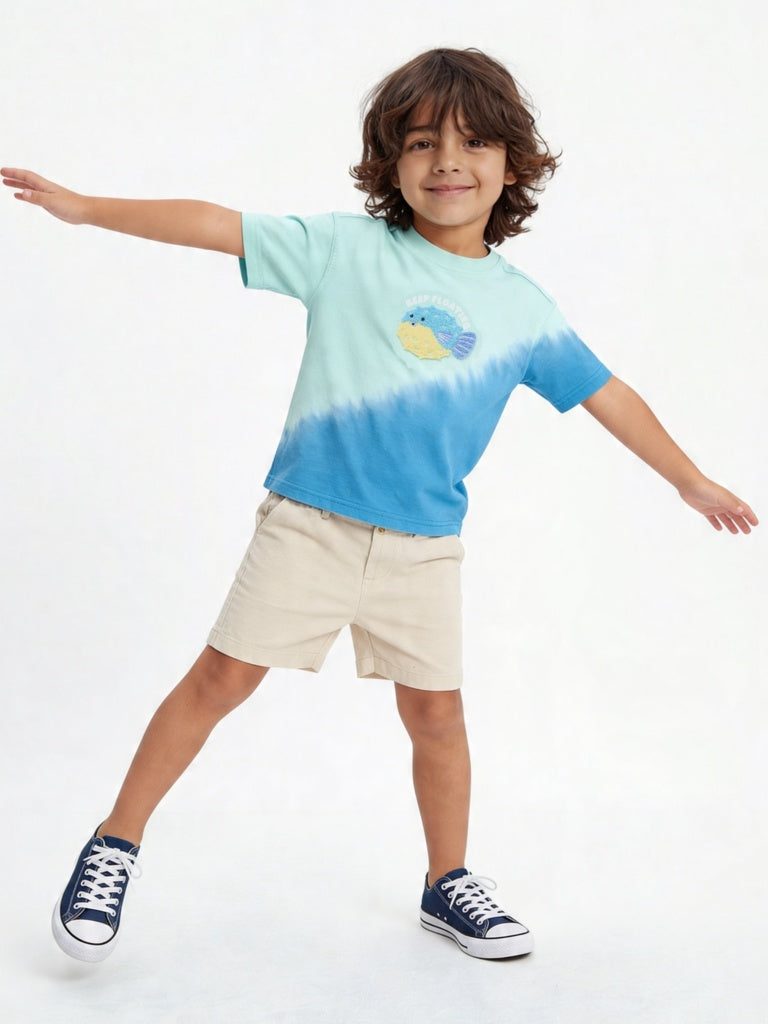 HOP Kids Boys Blue Tie-Dye Printed Cotton T-Shirt