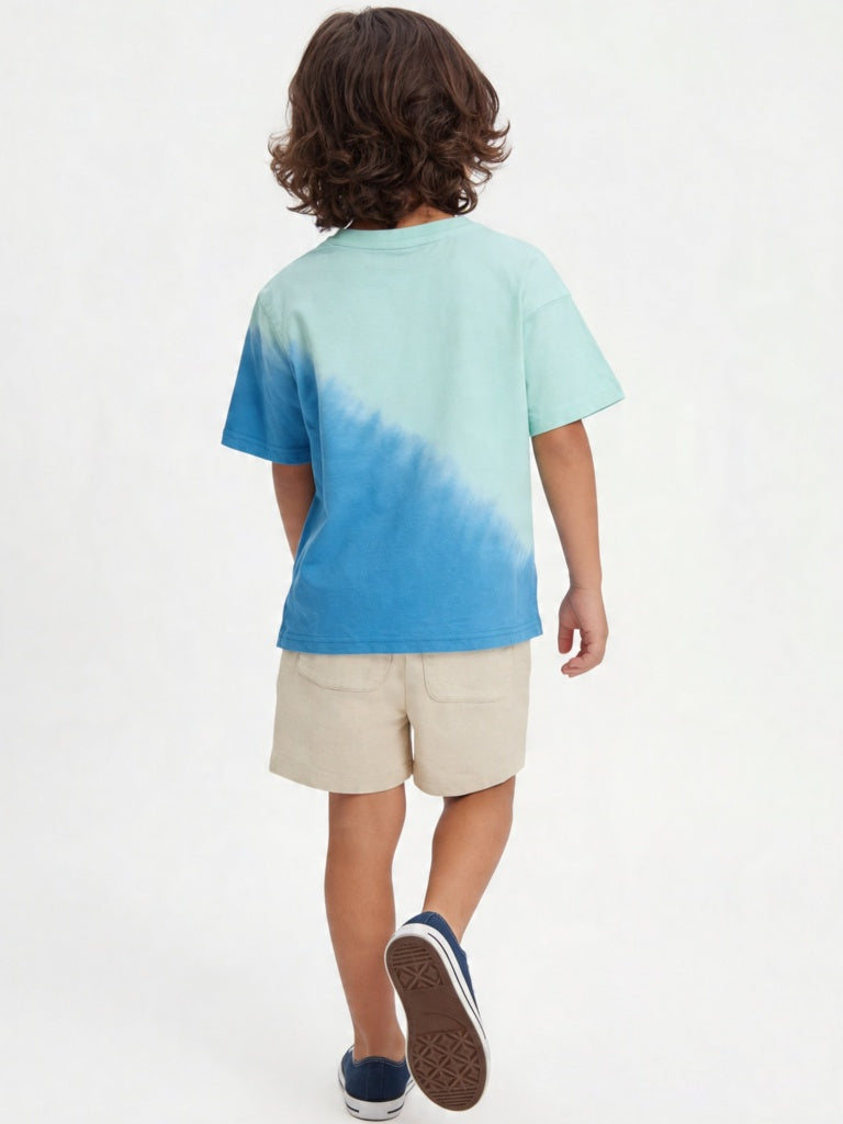 HOP Kids Boys Blue Tie-Dye Printed Cotton T-Shirt