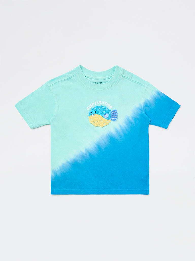 HOP Kids Boys Blue Tie-Dye Printed Cotton T-Shirt