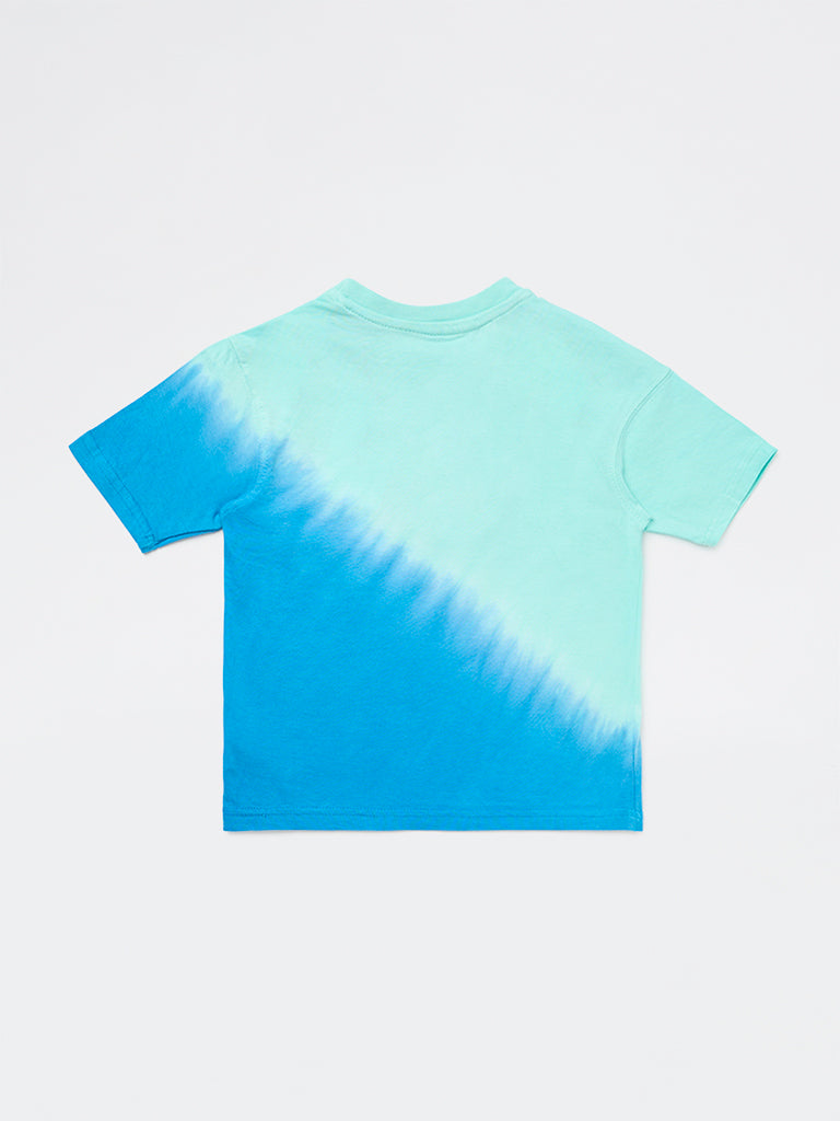 HOP Kids Boys Blue Tie-Dye Printed Cotton T-Shirt