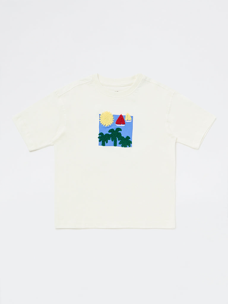 HOP Kids Boys White Embroidered Cotton T-Shirt