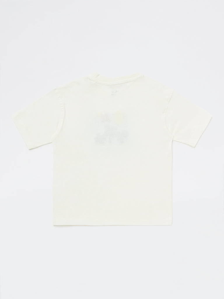 HOP Kids Boys White Embroidered Cotton T-Shirt