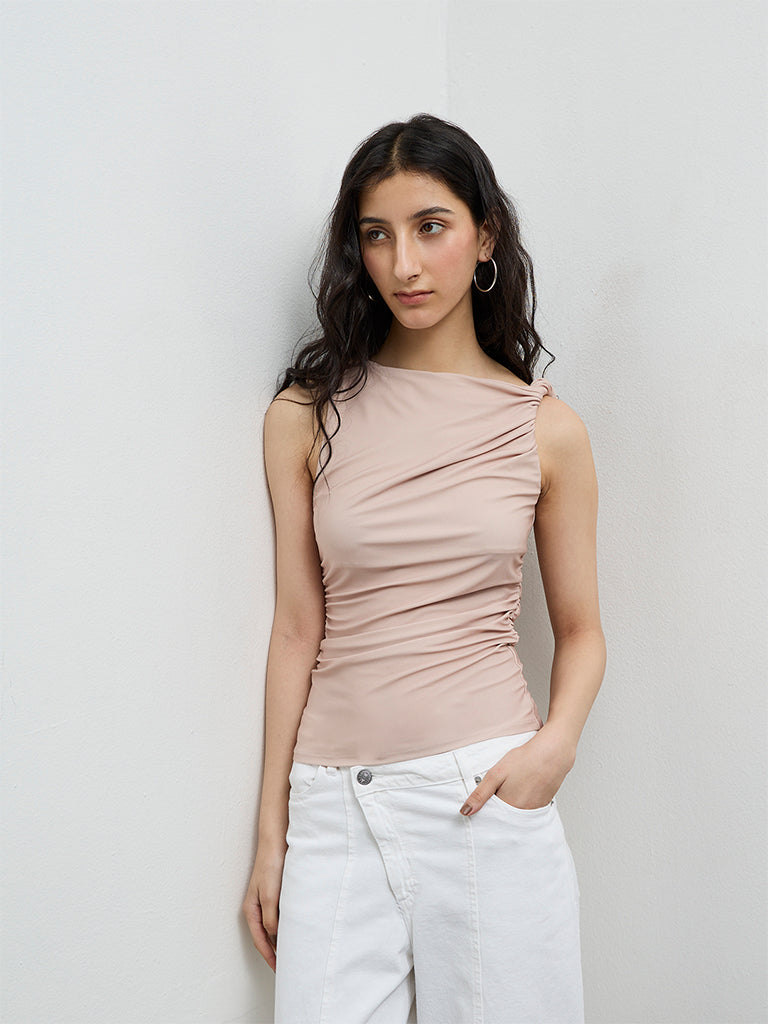 Nuon Beige Ruched Cotton-Blend Top