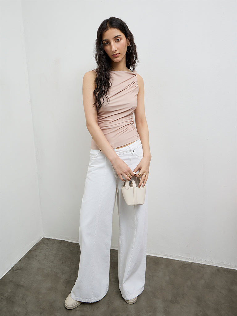 Nuon Beige Ruched Cotton-Blend Top