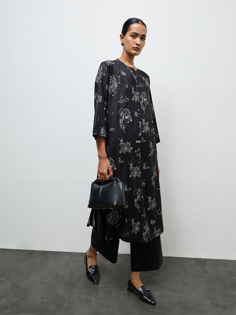 Zuba Black Floral Printed Silk Blend A-Line Kurta
