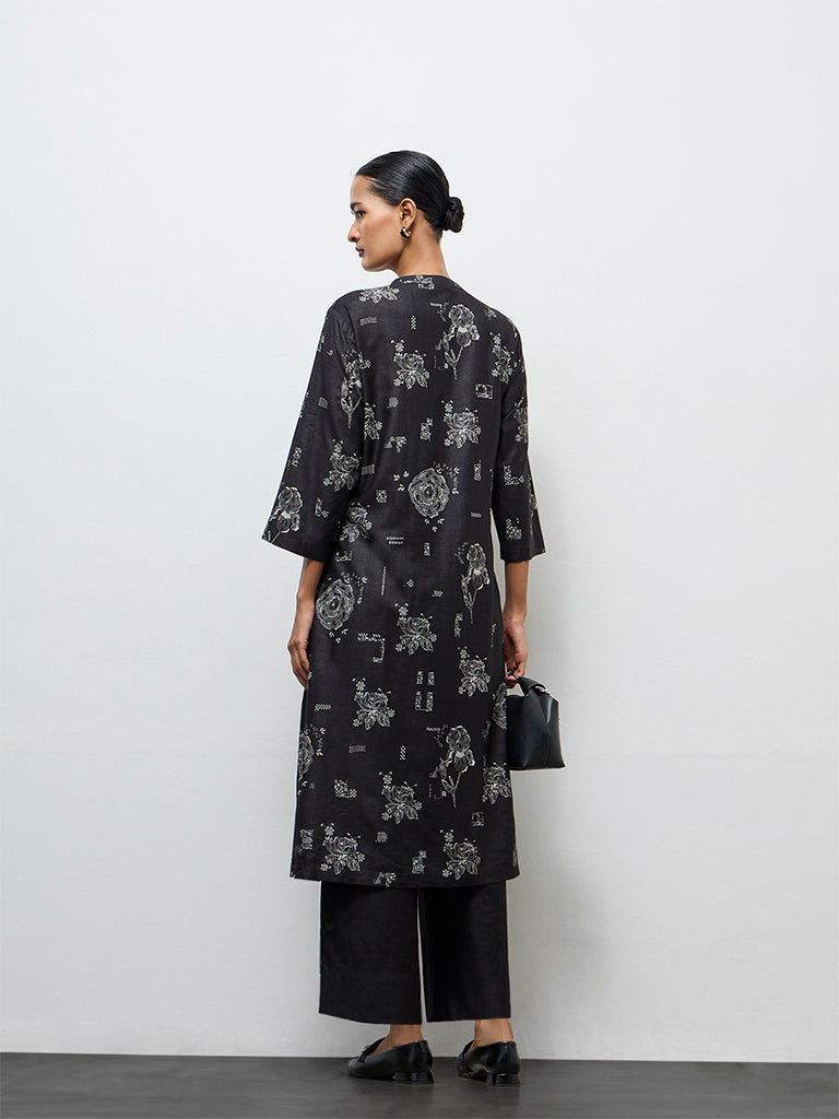 Zuba Black Floral Printed Silk Blend A-Line Kurta