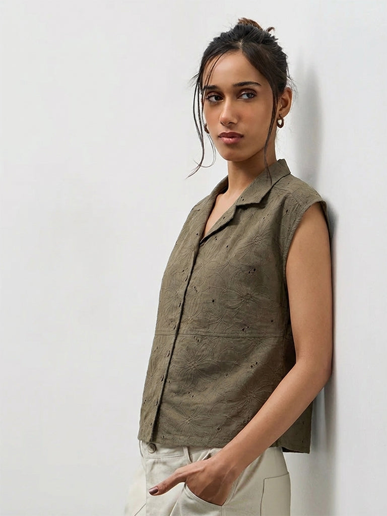 LOV Olive Floral Embroidered Cotton Blouse