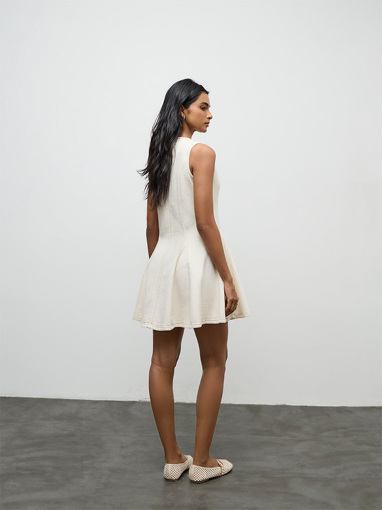 white denim a line dress Cream Denim Midi Dress with Front Slit ALBERTA main image 0