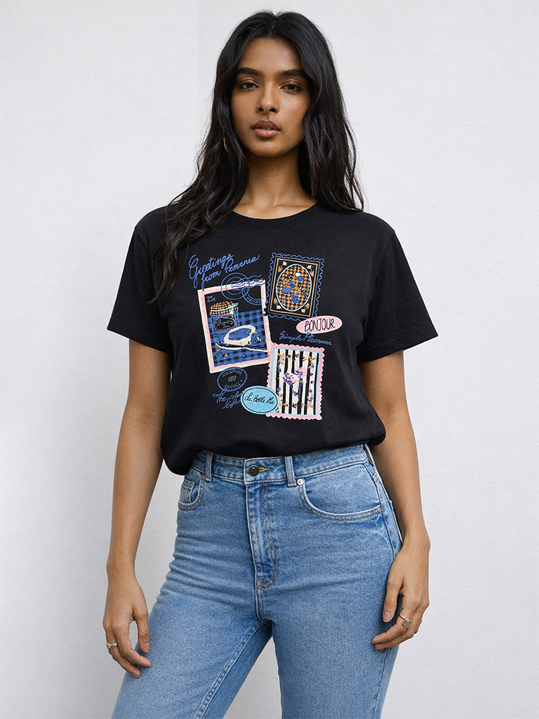 LOV Black Graphic Printed Cotton T-Shirt