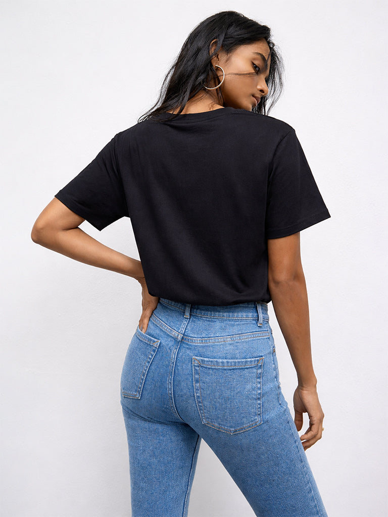 LOV Black Graphic Printed Cotton T-Shirt