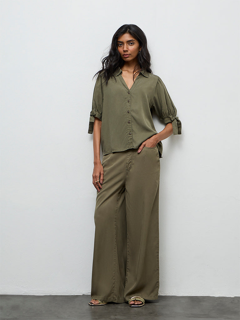 LOV Olive Solid Knot-Detailed High-Rise Denim Trousers