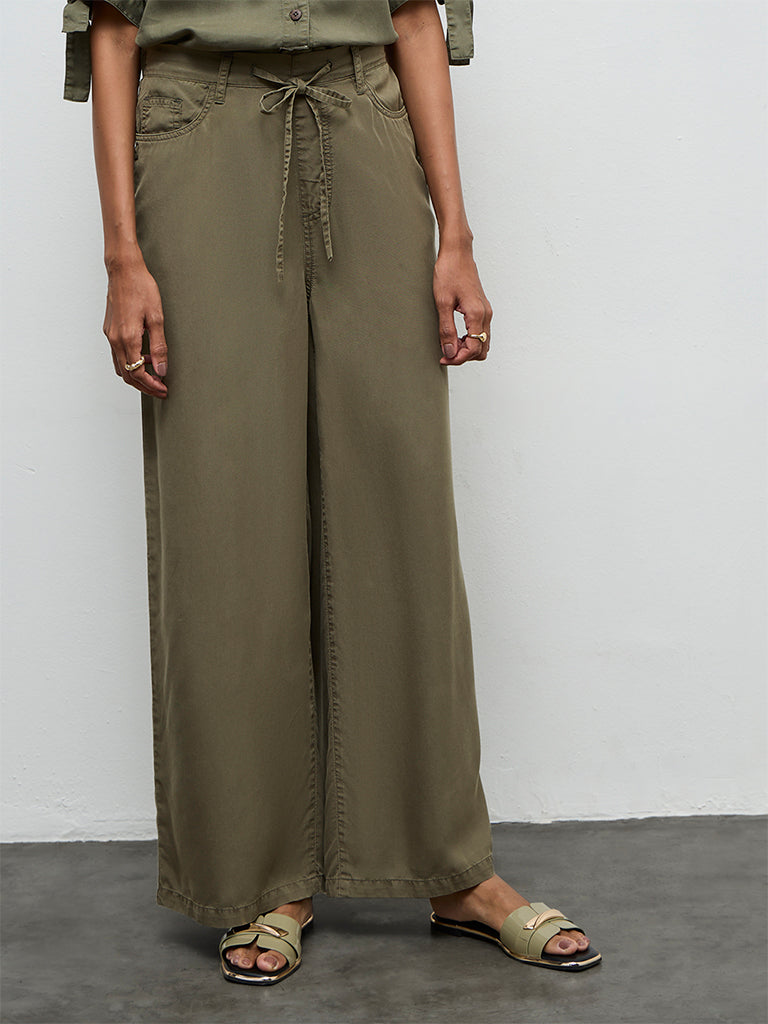 LOV Olive Solid Knot-Detailed High-Rise Denim Trousers