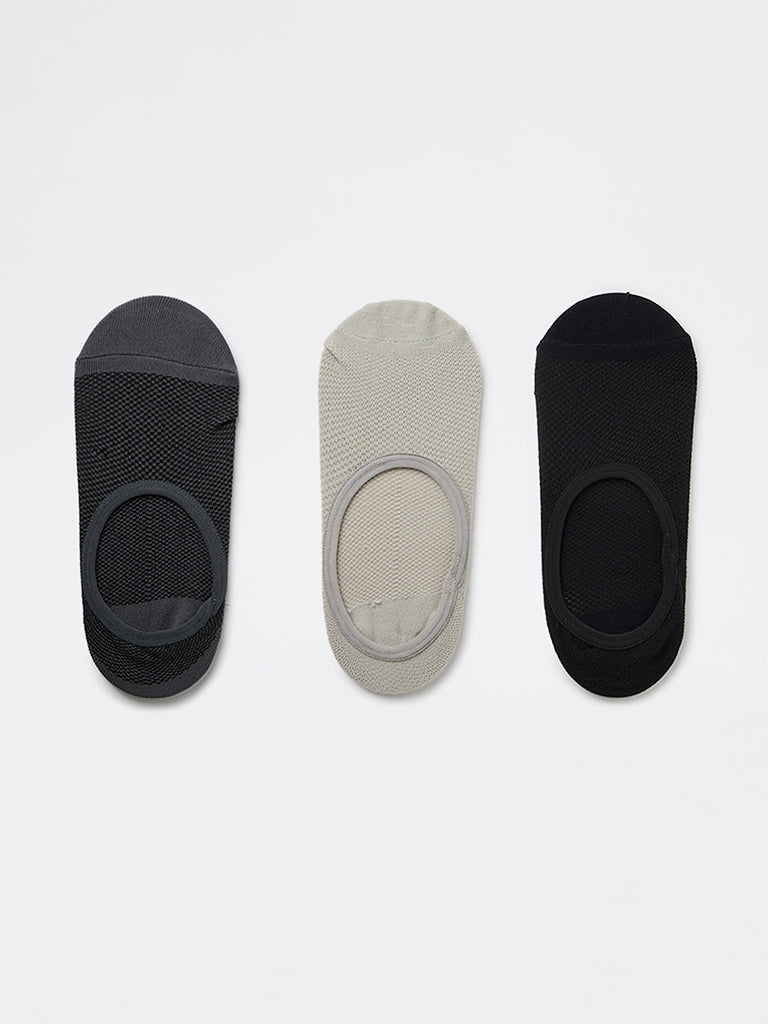 WES Lounge Grey Invisible No Show Cotton-Blend Socks - Pack of 3