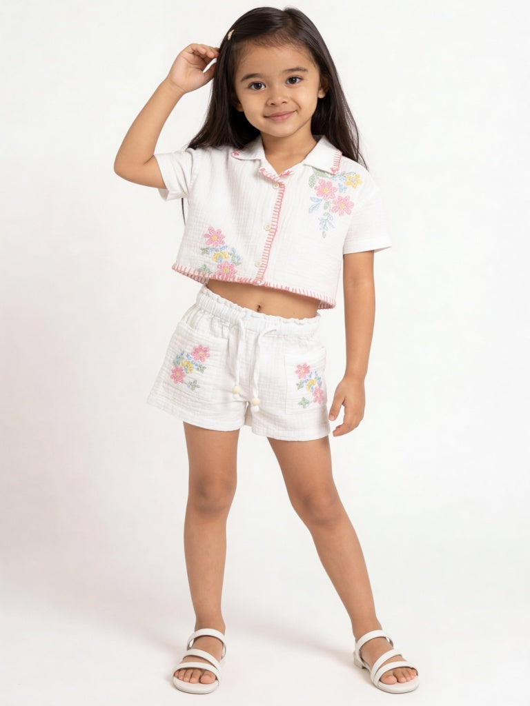 HOP Kids Girls Off-White Floral Cotton Shirt and Shorts Set