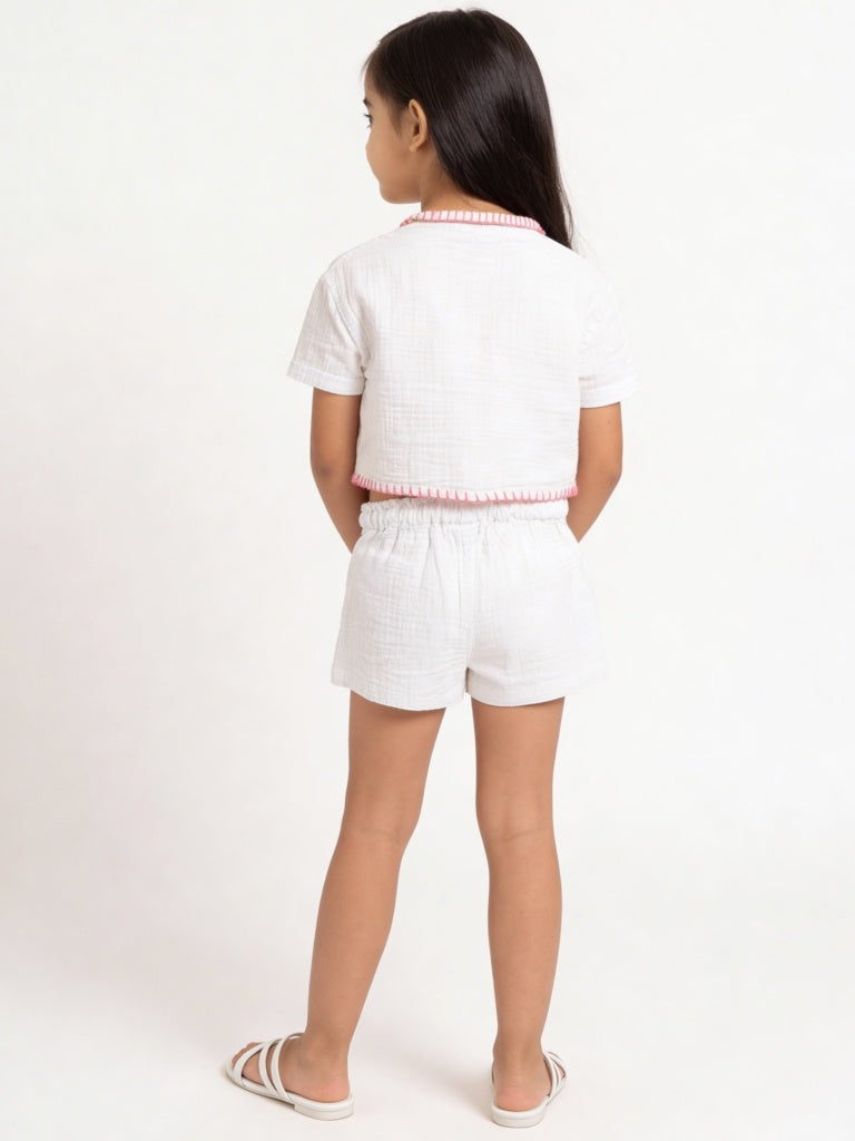 HOP Kids Girls Off-White Floral Cotton Shirt and Shorts Set
