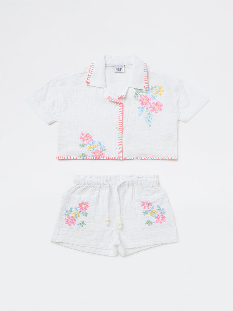 HOP Kids Girls Off-White Floral Cotton Shirt and Shorts Set