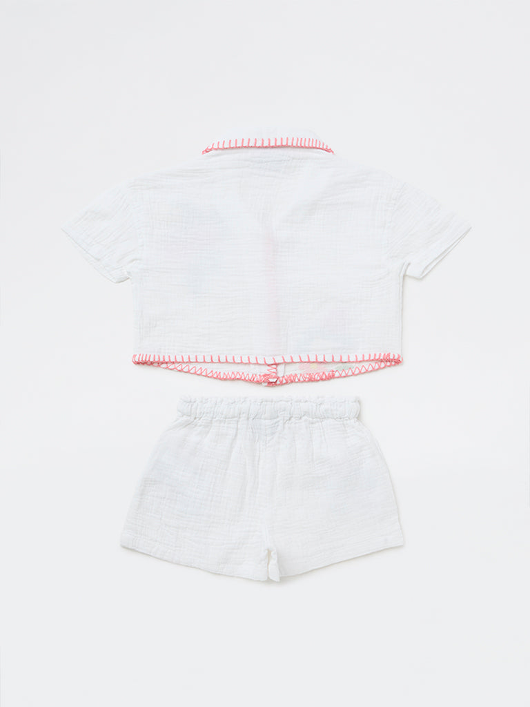 HOP Kids Girls Off-White Floral Cotton Shirt and Shorts Set