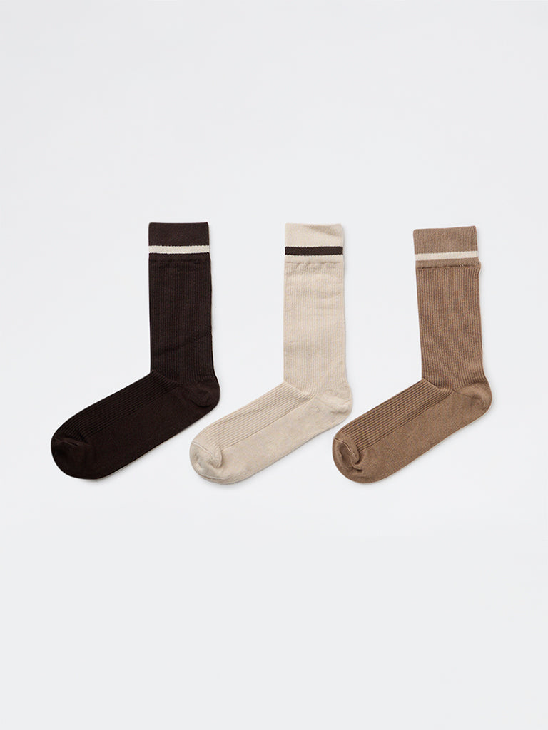 WES Lounge Brown Solid Cotton-Blend Full-Length Socks - Pack of 3