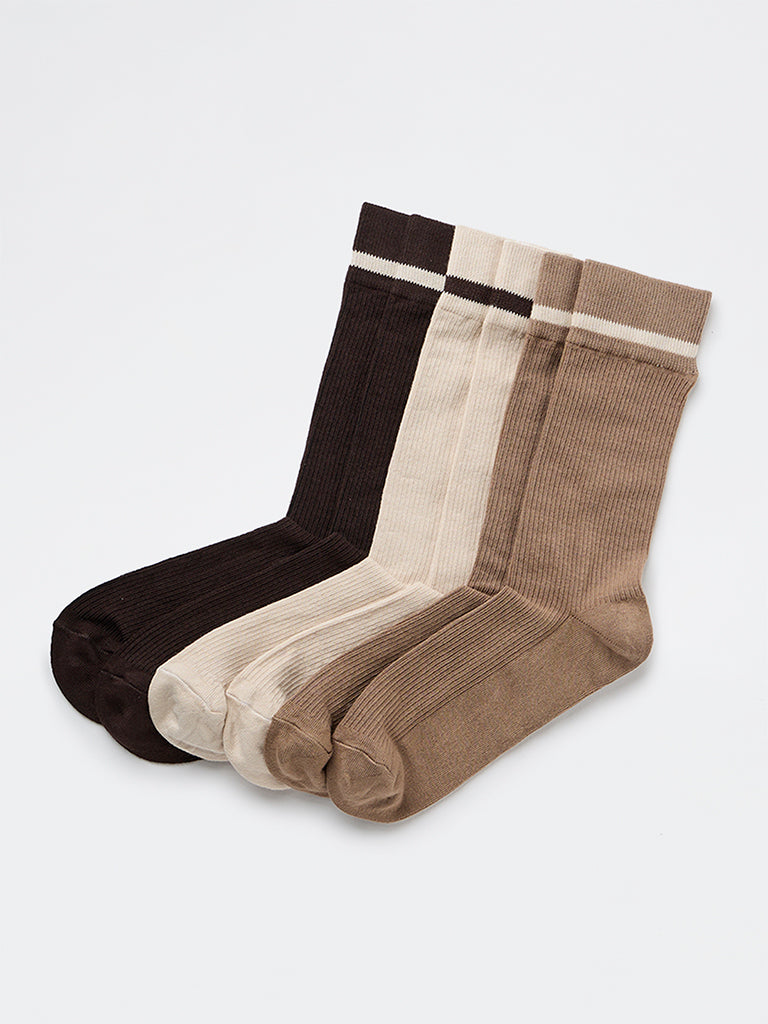 WES Lounge Brown Solid Cotton-Blend Full-Length Socks - Pack of 3