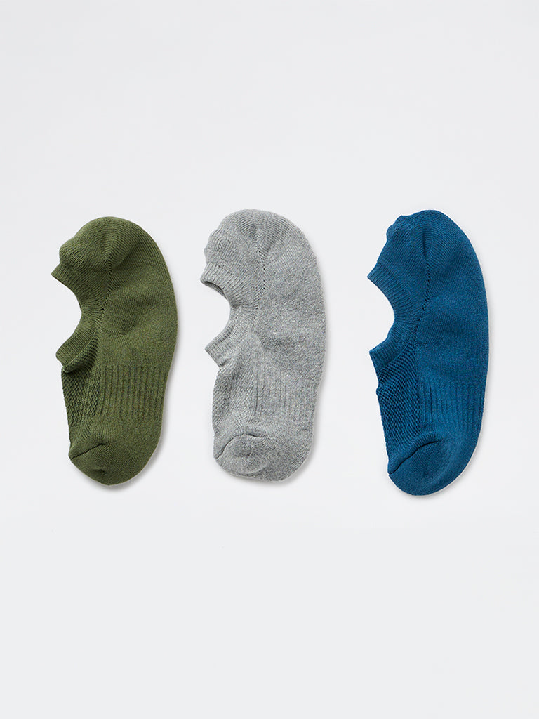 WES Lounge Olive Solid Cotton-Blend No-Show Socks - Pack of 3