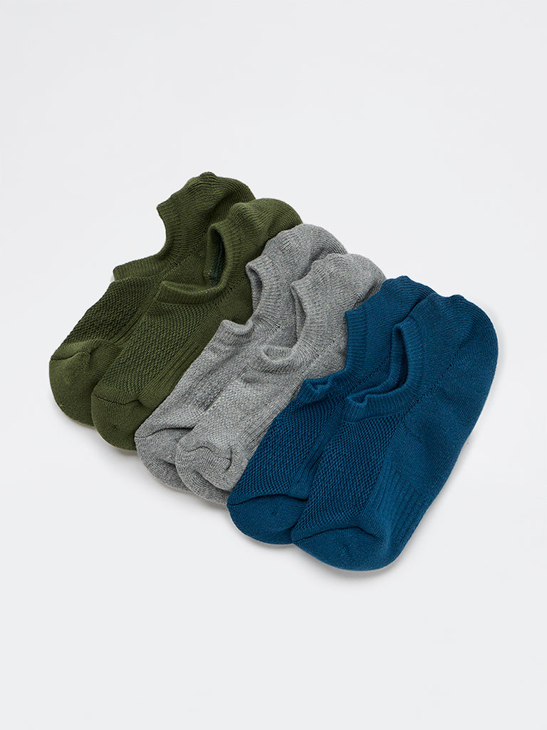 WES Lounge Olive Solid Cotton-Blend No-Show Socks - Pack of 3