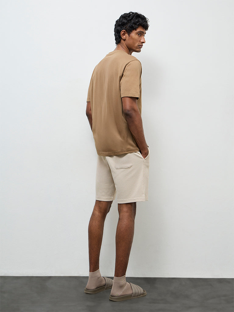 WES Lounge Beige Textured Relaxed-Fit Mid-Rise Cotton-Blend Shorts