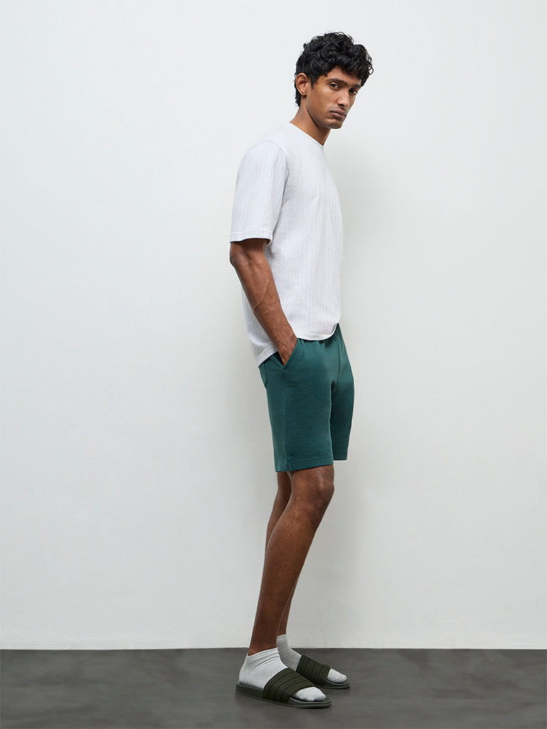WES Lounge Teal Textured Relaxed-Fit Mid-Rise Cotton-Blend Shorts