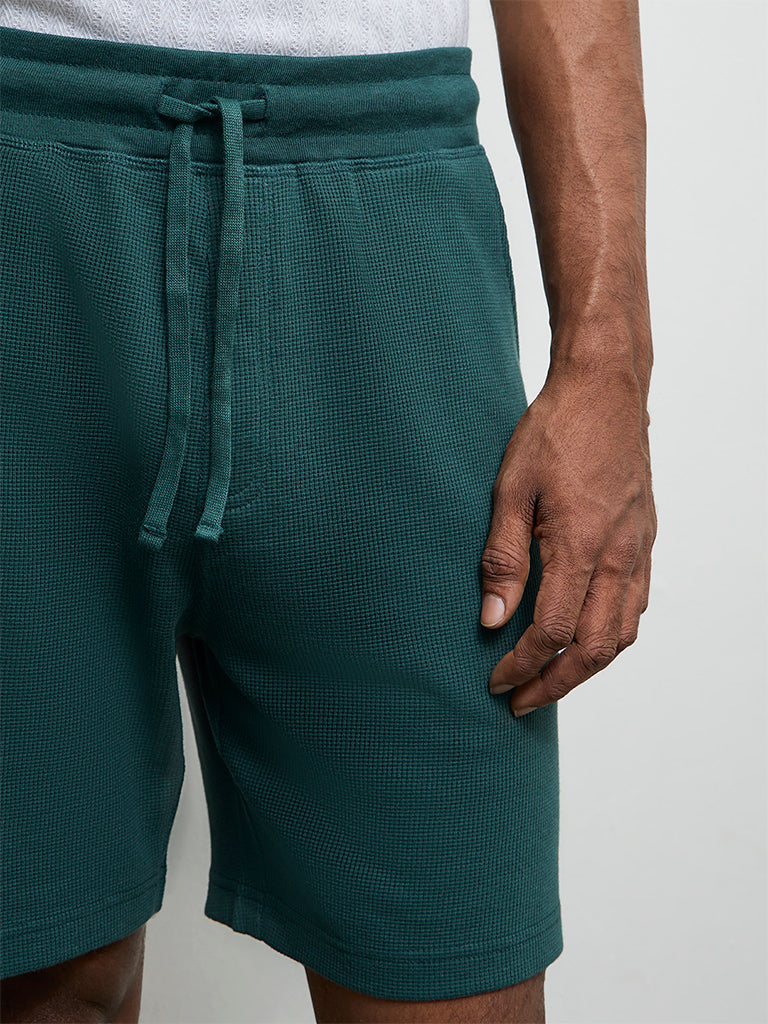 WES Lounge Teal Textured Relaxed-Fit Mid-Rise Cotton-Blend Shorts