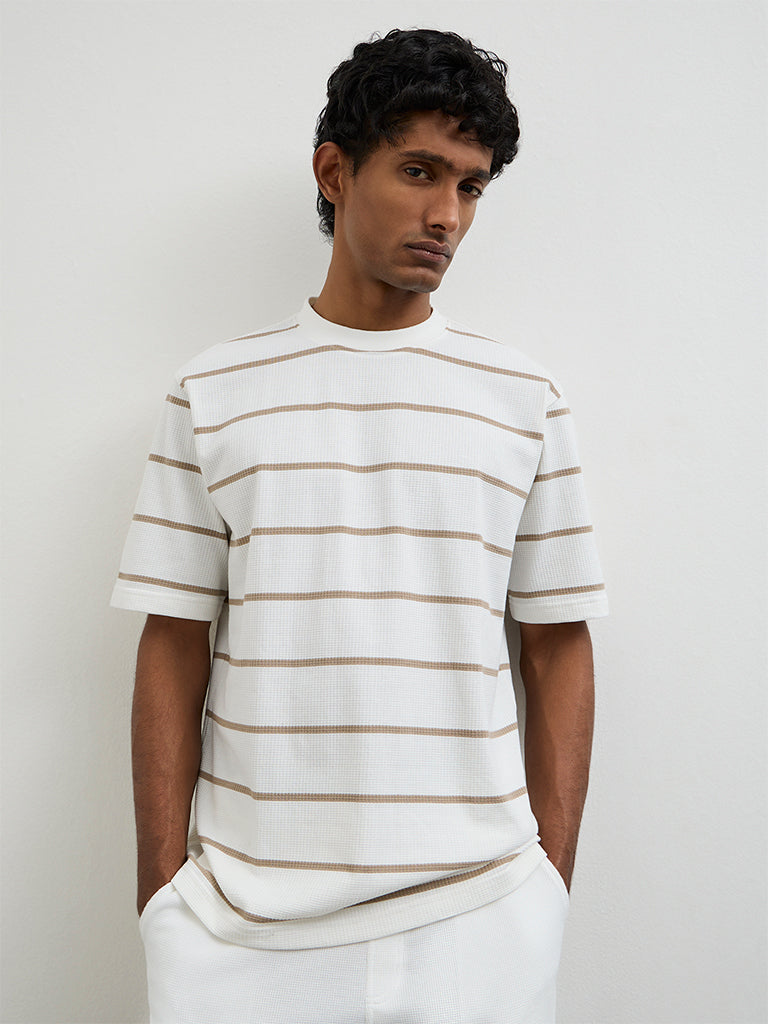 WES Lounge Off-White Striped Relaxed-Fit Cotton T-Shirt