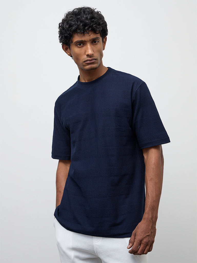 WES Lounge Navy Stripe Textured Relaxed Fit Cotton T-Shirt