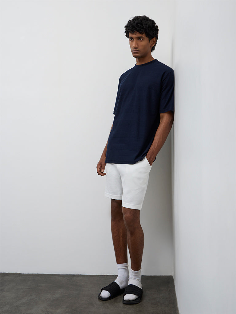 WES Lounge Navy Stripe Textured Relaxed Fit Cotton T-Shirt
