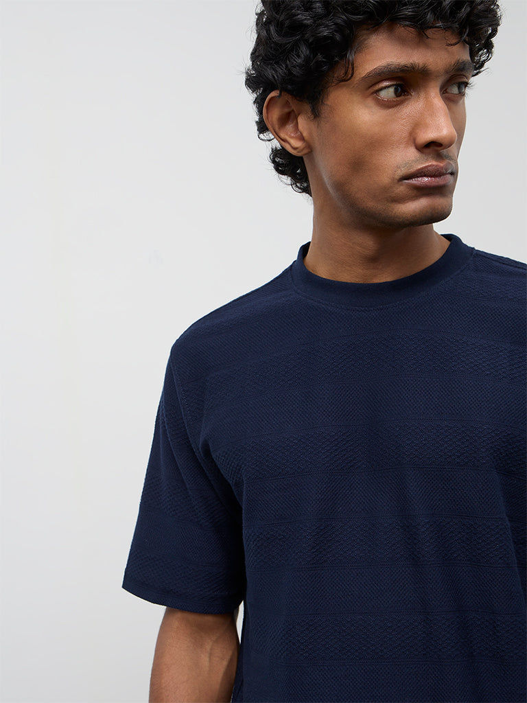 WES Lounge Navy Stripe Textured Relaxed Fit Cotton T-Shirt