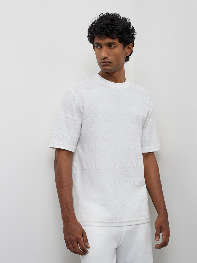 WES Lounge Off-White Stripe Textured Relaxed Fit Cotton T-Shirt